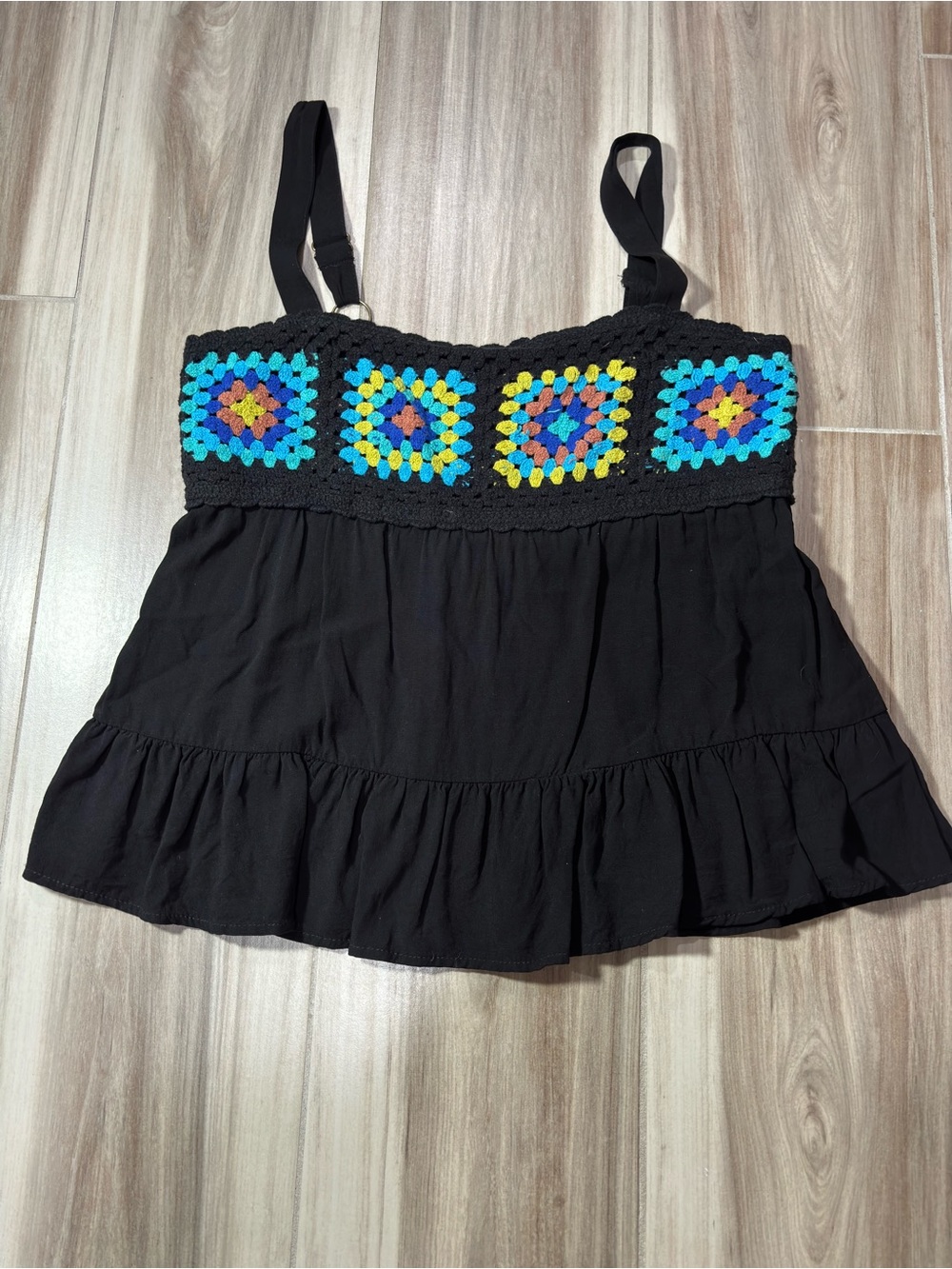 SO Black Crochet-Trim Tank Top with Bright Multicolor Squares